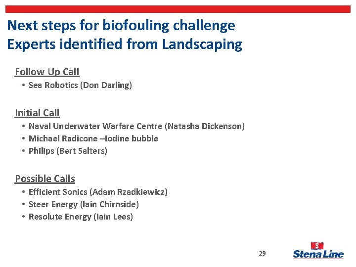 Next steps for biofouling challenge Experts identified from Landscaping Follow Up Call • Sea