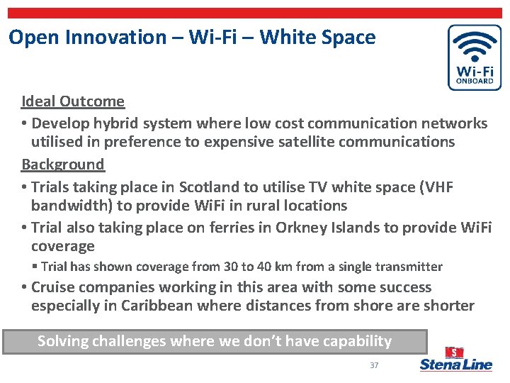 Open Innovation – Wi-Fi – White Space Ideal Outcome • Develop hybrid system where