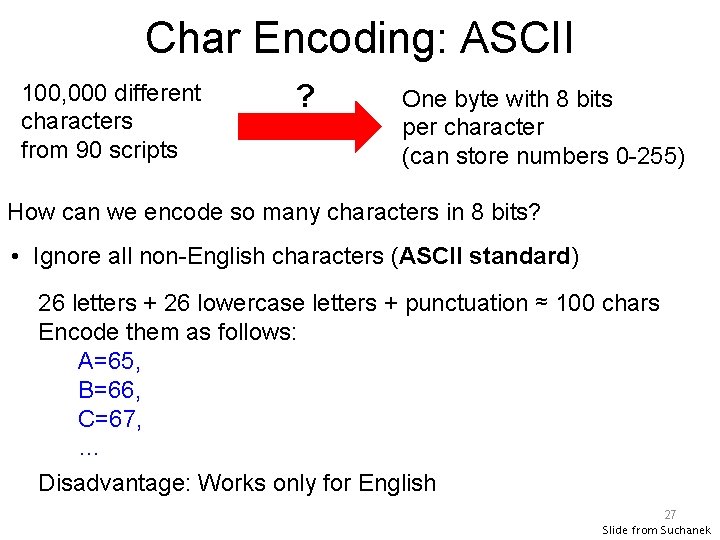 Char Encoding: ASCII 100, 000 different characters from 90 scripts ? One byte with