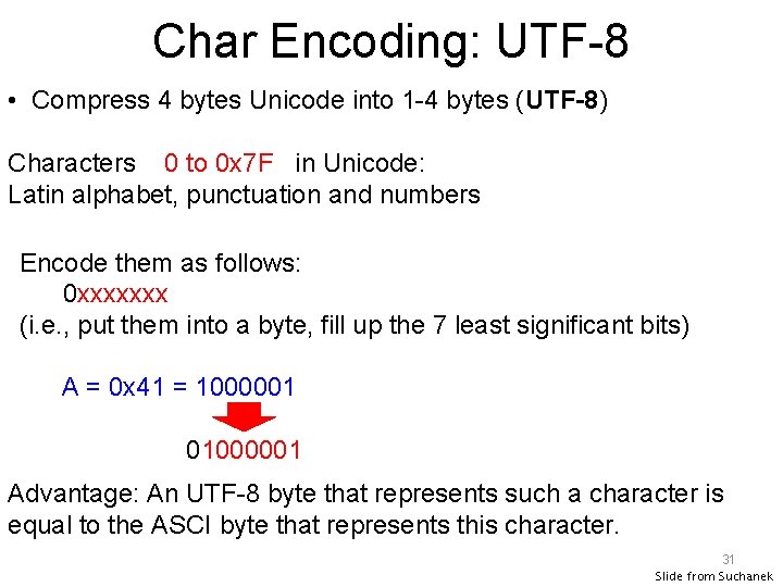 Char Encoding: UTF-8 • Compress 4 bytes Unicode into 1 -4 bytes (UTF-8) Characters