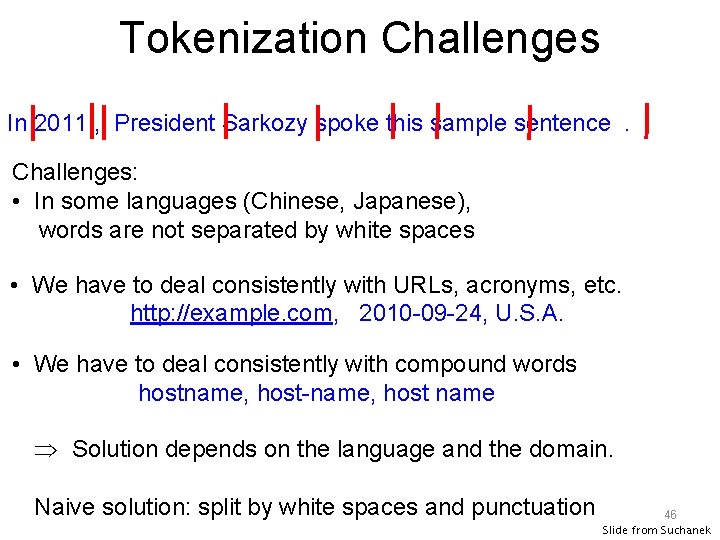 Tokenization Challenges In 2011 , President Sarkozy spoke this sample sentence. Challenges: • In