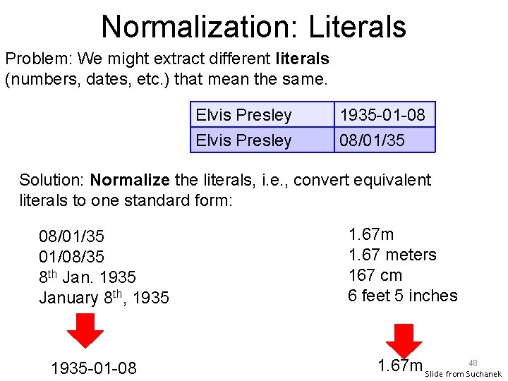 Normalization: Literals Problem: We might extract different literals (numbers, dates, etc. ) that mean