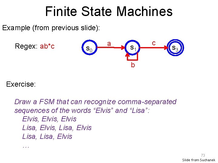 Finite State Machines Example (from previous slide): Regex: ab*c s 0 a s 1