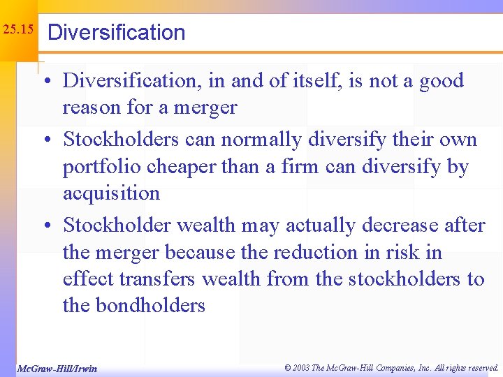 25. 15 Diversification • Diversification, in and of itself, is not a good reason