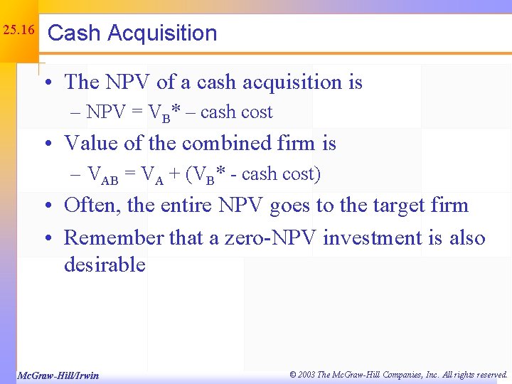 25. 16 Cash Acquisition • The NPV of a cash acquisition is – NPV