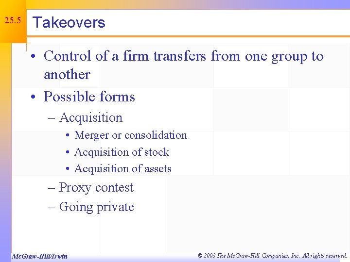 25. 5 Takeovers • Control of a firm transfers from one group to another