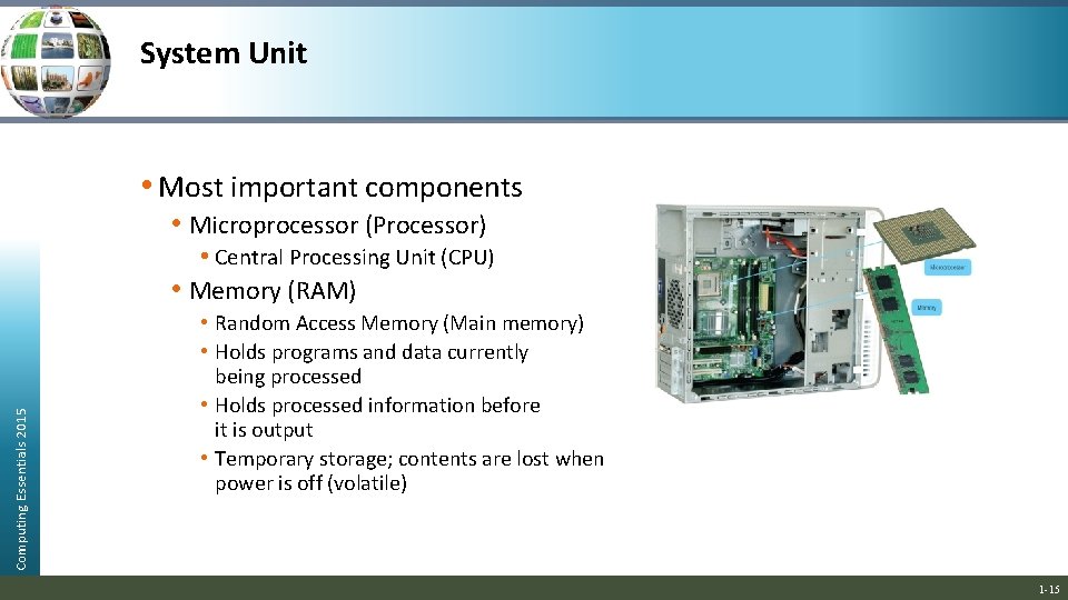 System Unit • Most important components • Microprocessor (Processor) Computing Essentials 2015 • Central