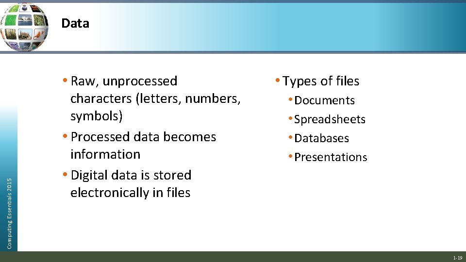 Data Computing Essentials 2015 • Raw, unprocessed characters (letters, numbers, symbols) • Processed data