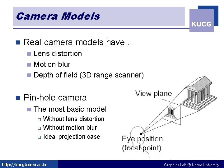 Camera Models n KUCG Real camera models have… Lens distortion n Motion blur n