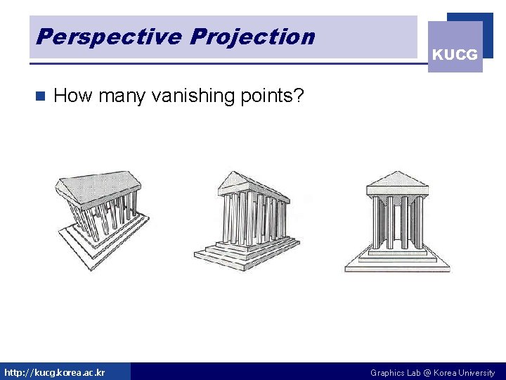 Perspective Projection n KUCG How many vanishing points? http: //kucg. korea. ac. kr Graphics