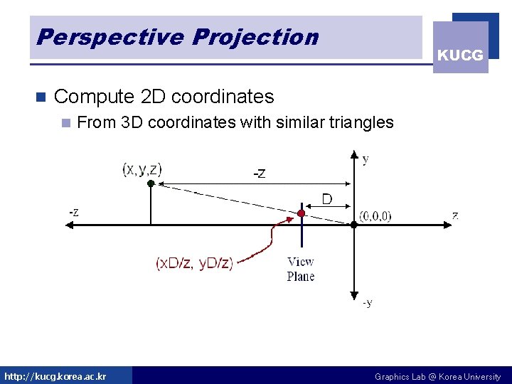 Perspective Projection n KUCG Compute 2 D coordinates n From 3 D coordinates with