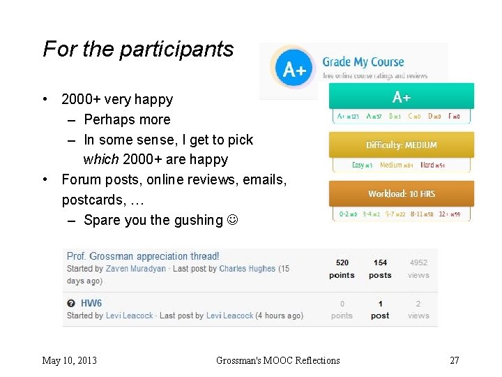 For the participants • 2000+ very happy – Perhaps more – In some sense,