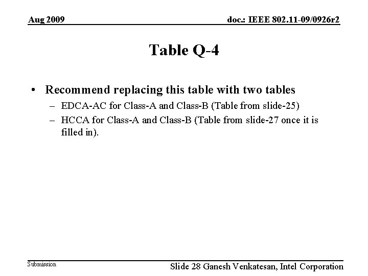 Aug 2009 doc. : IEEE 802. 11 -09/0926 r 2 Table Q-4 • Recommend