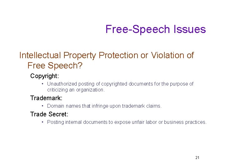 Free-Speech Issues Intellectual Property Protection or Violation of Free Speech? Copyright: • Unauthorized posting