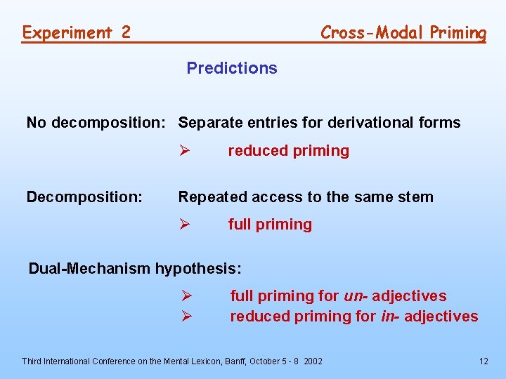 Experiment 2 Cross-Modal Priming Predictions No decomposition: Separate entries for derivational forms Ø Decomposition: