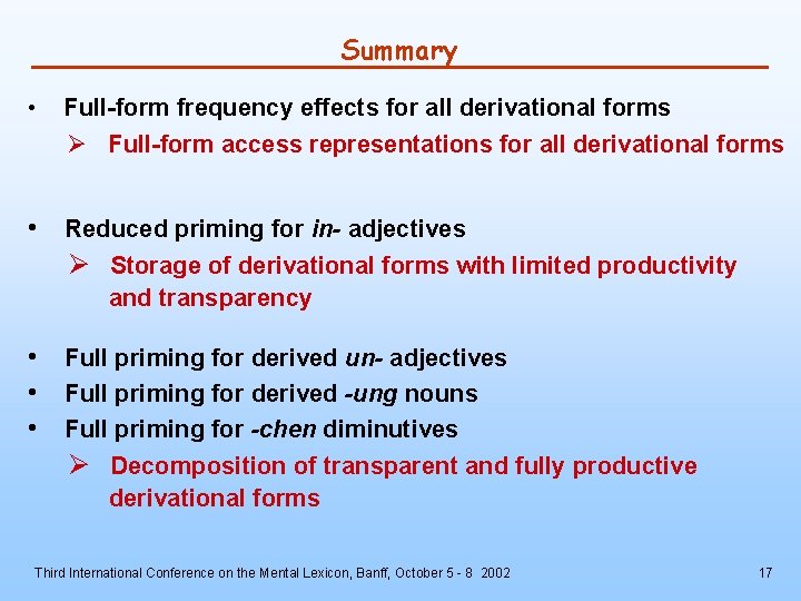 Summary • Full-form frequency effects for all derivational forms Ø Full-form access representations for