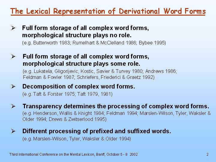 The Lexical Representation of Derivational Word Forms Ø Full form storage of all complex