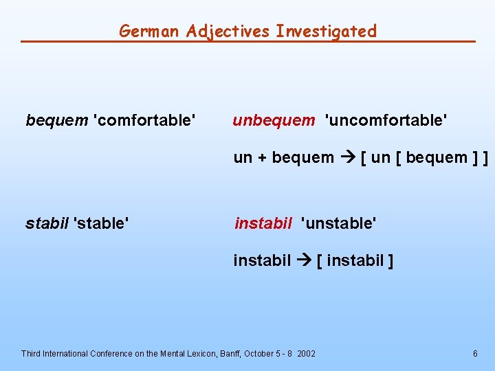 German Adjectives Investigated bequem 'comfortable' unbequem 'uncomfortable' un + bequem [ un [ bequem