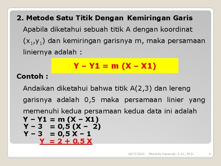 2. Metode Satu Titik Dengan Kemiringan Garis Apabila diketahui sebuah titik A dengan koordinat