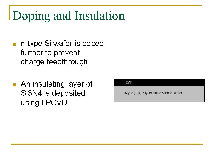 Doping and Insulation n n-type Si wafer is doped further to prevent charge feedthrough Doping and Insulation n n-type Si wafer is doped further to prevent charge feedthrough