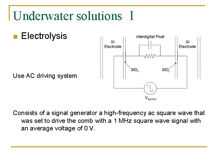 Underwater solutions Ⅰ n Electrolysis Use AC driving system Consists of a signal generator Underwater solutions Ⅰ n Electrolysis Use AC driving system Consists of a signal generator