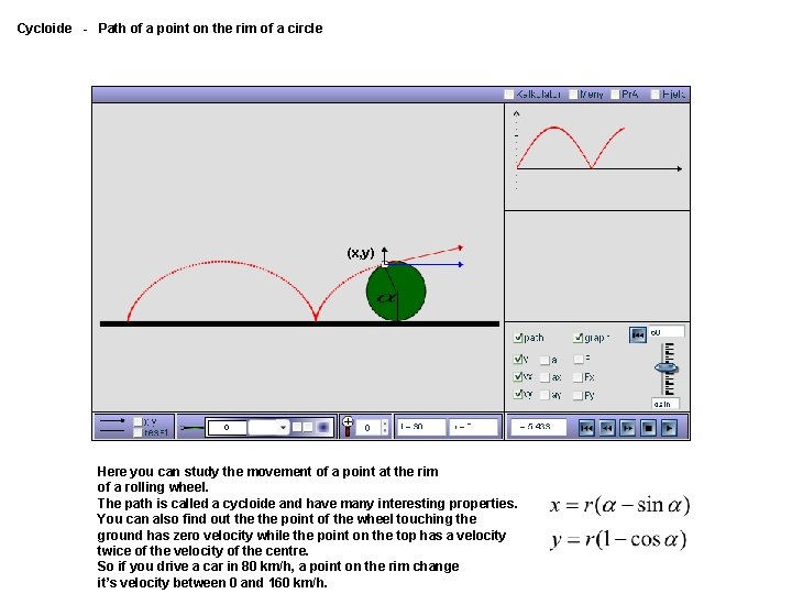 Cycloide - Path of a point on the rim of a circle (x, y)