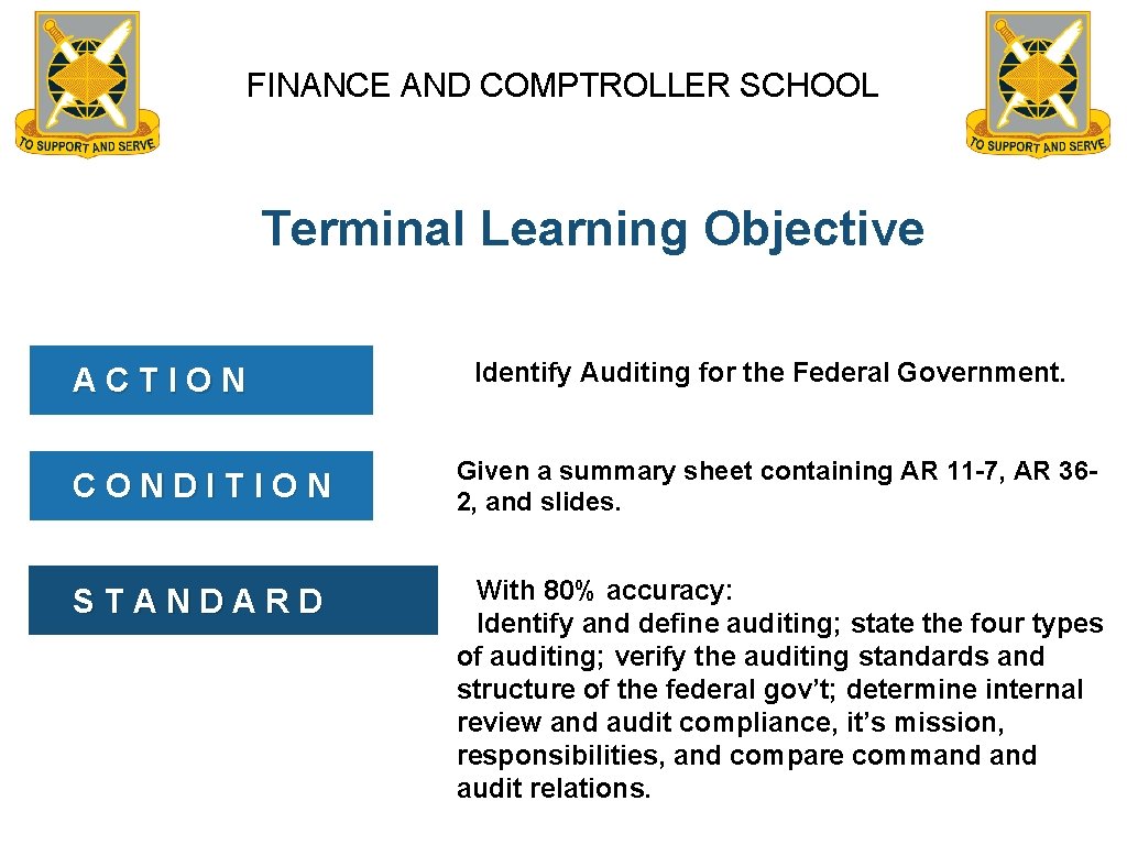 FINANCE AND COMPTROLLER SCHOOL Terminal Learning Objective ACTION Identify Auditing for the Federal Government.