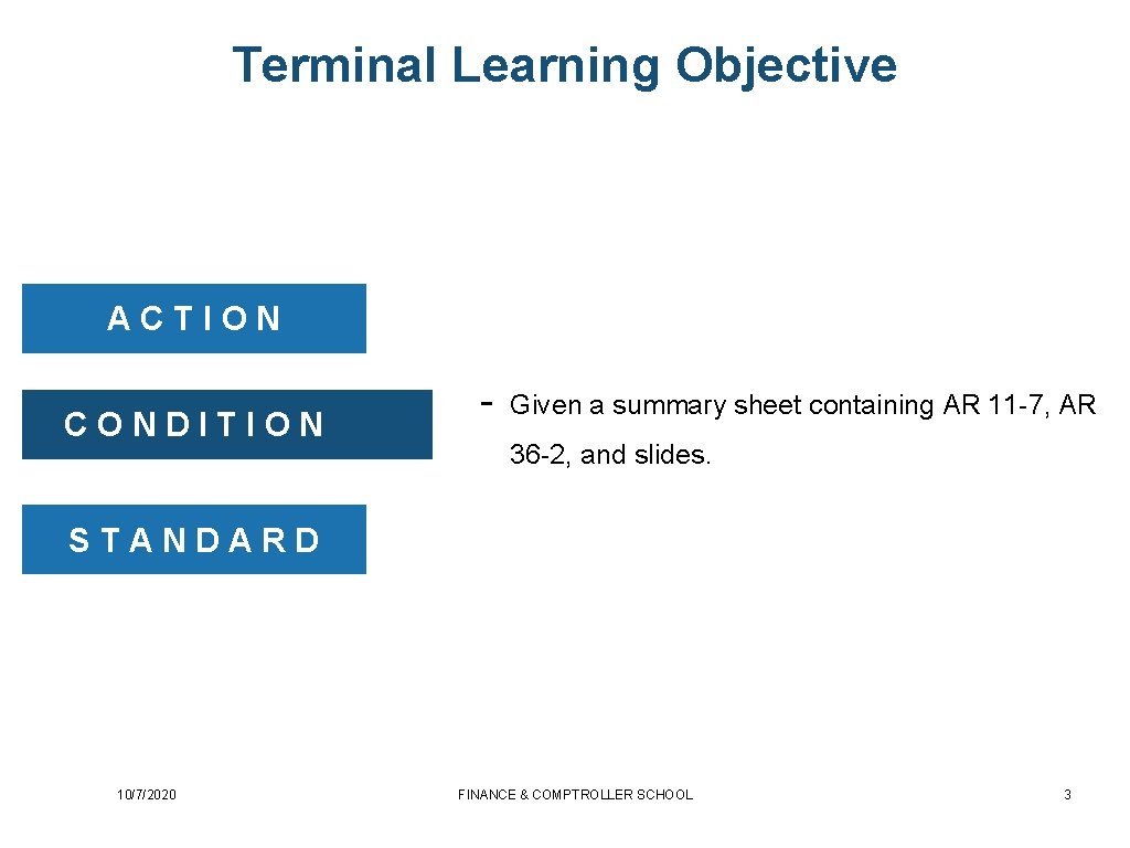 Terminal Learning Objective ACTION CONDITION - Given a summary sheet containing AR 11 -7,
