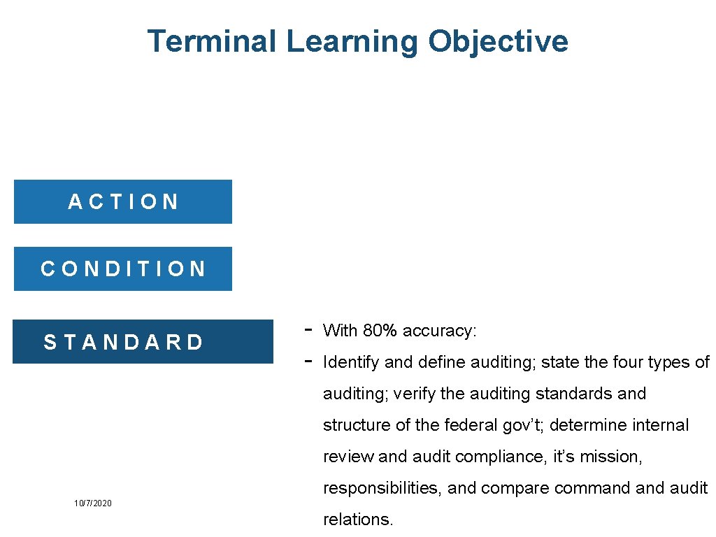 Terminal Learning Objective ACTION CONDITION STANDARD - With 80% accuracy: Identify and define auditing;