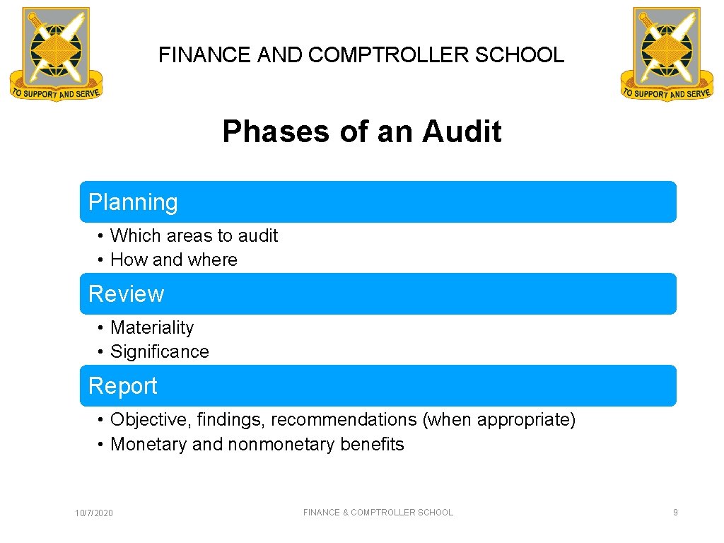 FINANCE AND COMPTROLLER SCHOOL Phases of an Audit Planning • Which areas to audit