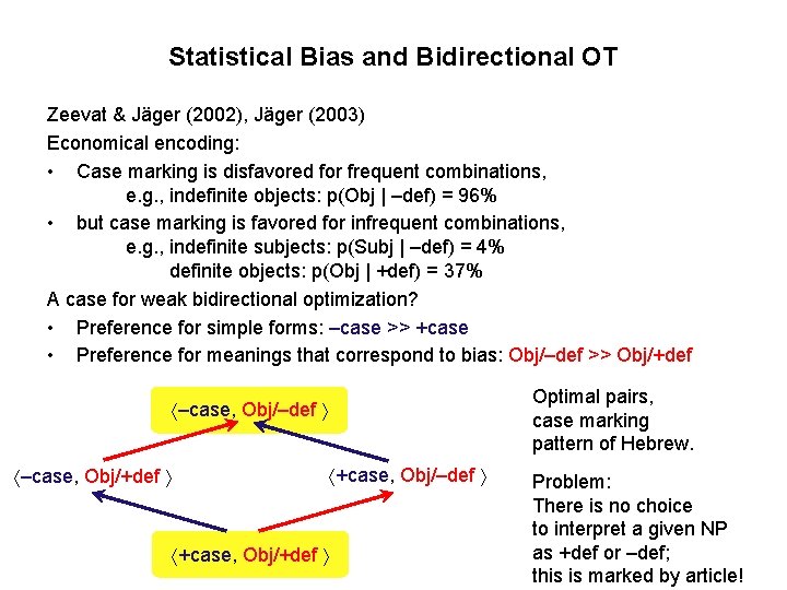 Statistical Bias and Bidirectional OT Zeevat & Jäger (2002), Jäger (2003) Economical encoding: •