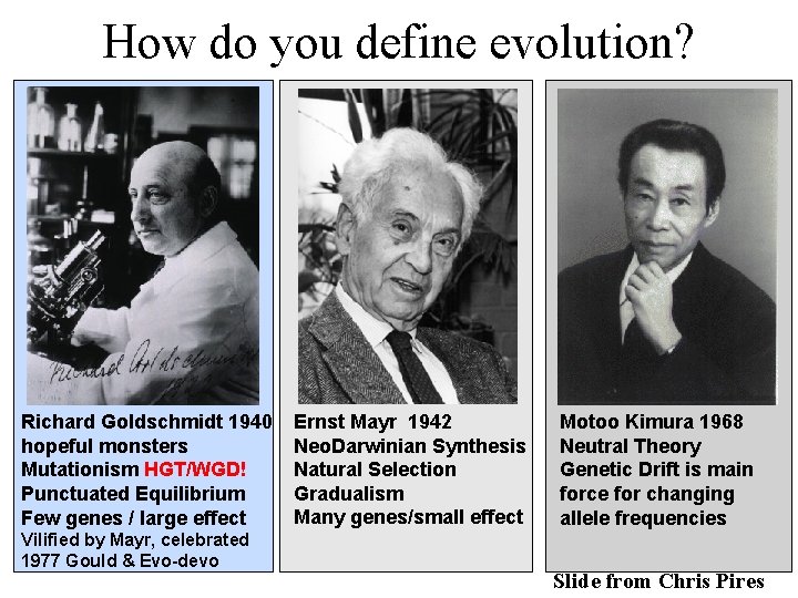 How do you define evolution? Richard Goldschmidt 1940 hopeful monsters Mutationism HGT/WGD! Punctuated Equilibrium