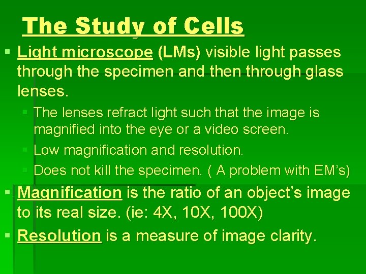 The Study of Cells § Light microscope (LMs) visible light passes through the specimen