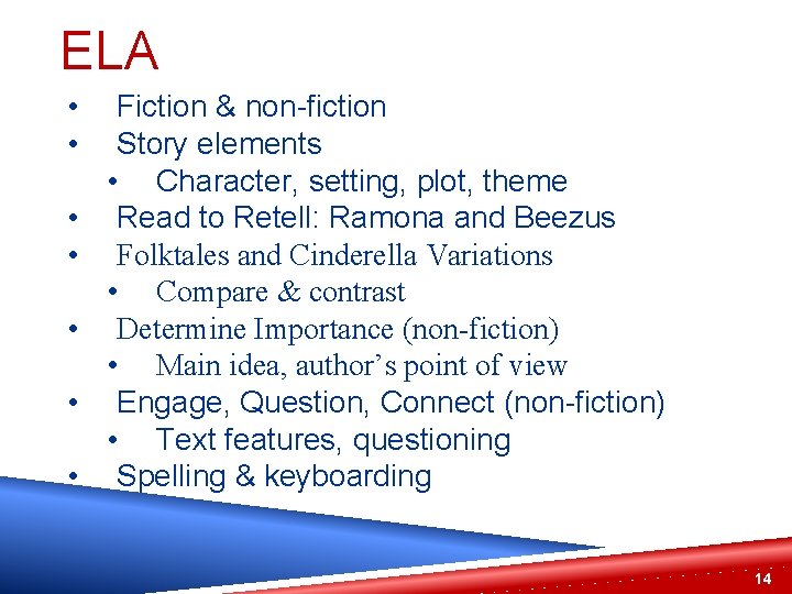 ELA • • Fiction & non-fiction Story elements • Character, setting, plot, theme Read