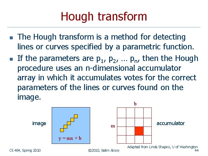 Hough transform n n The Hough transform is a method for detecting lines or