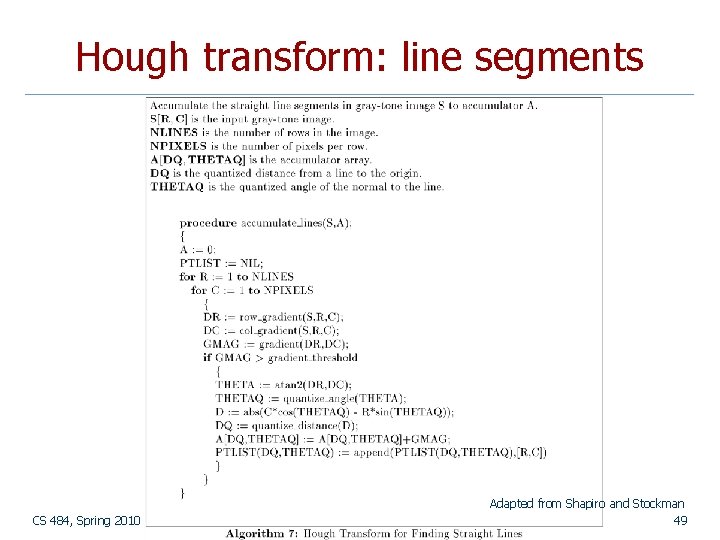 Hough transform: line segments CS 484, Spring 2010 © 2010, Selim Aksoy Adapted from