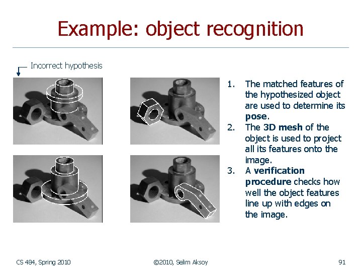 Example: object recognition Incorrect hypothesis 1. 2. 3. CS 484, Spring 2010 © 2010,