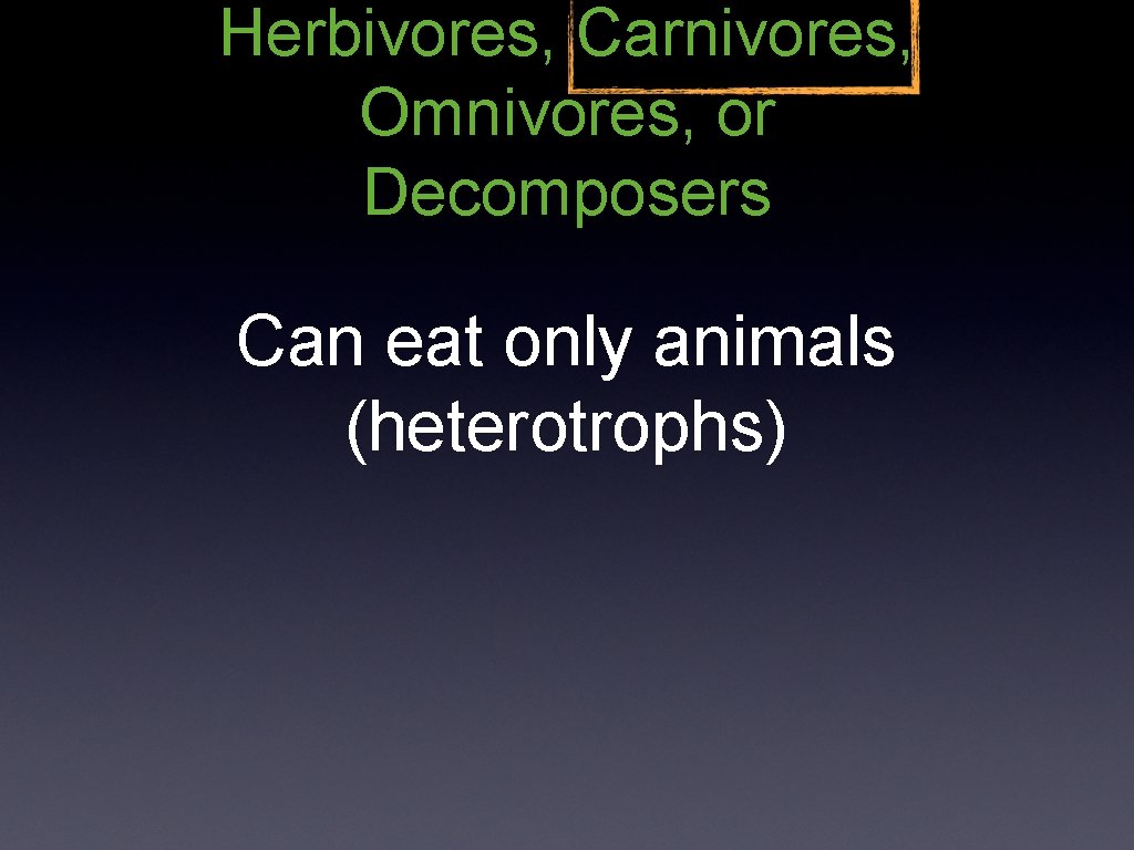 Herbivores, Carnivores, Omnivores, or Decomposers Can eat only animals (heterotrophs) 