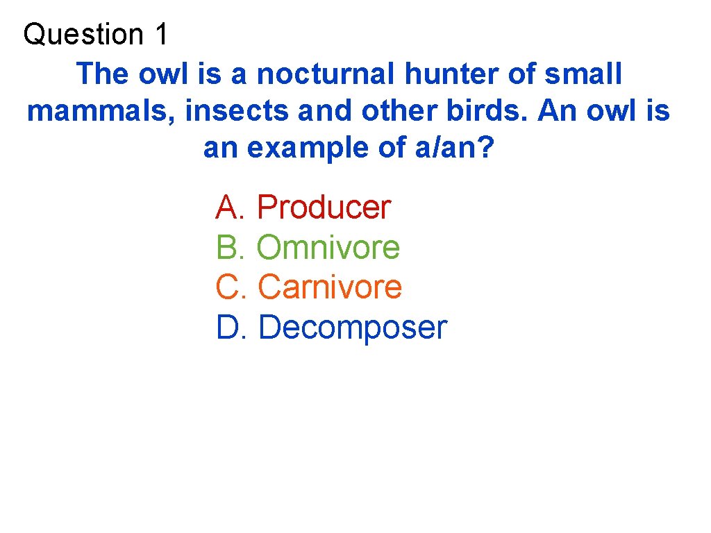 Question 1 The owl is a nocturnal hunter of small mammals, insects and other