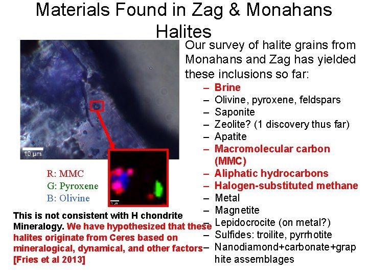 Materials Found in Zag & Monahans Halites Our survey of halite grains from Monahans