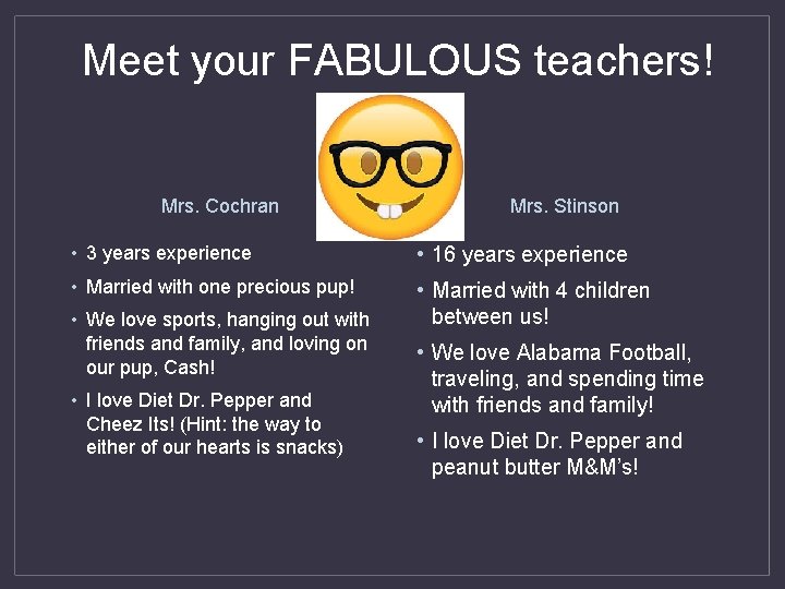 Meet your FABULOUS teachers! Mrs. Cochran Mrs. Stinson • 3 years experience • 16 Meet your FABULOUS teachers! Mrs. Cochran Mrs. Stinson • 3 years experience • 16