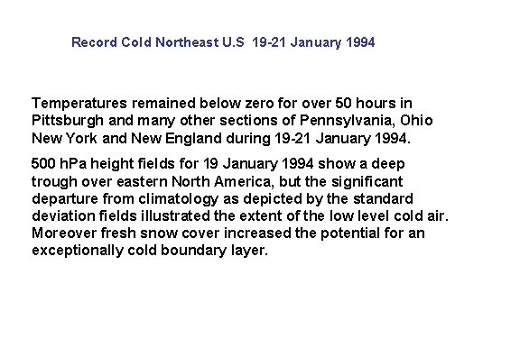 Record Cold Northeast U. S 19 -21 January 1994 Temperatures remained below zero for