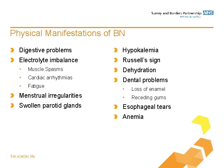 Physical Manifestations of BN Digestive problems Hypokalemia Electrolyte imbalance Russell’s sign • Muscle Spasms Physical Manifestations of BN Digestive problems Hypokalemia Electrolyte imbalance Russell’s sign • Muscle Spasms