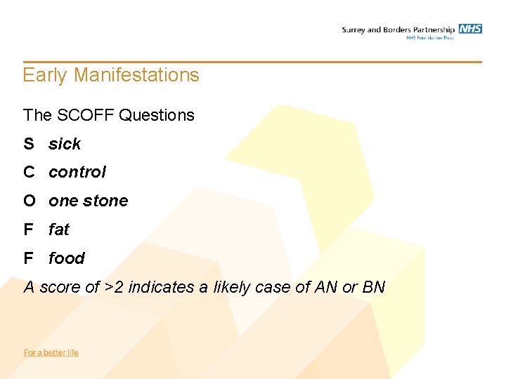 Early Manifestations The SCOFF Questions S sick C control O one stone F fat Early Manifestations The SCOFF Questions S sick C control O one stone F fat