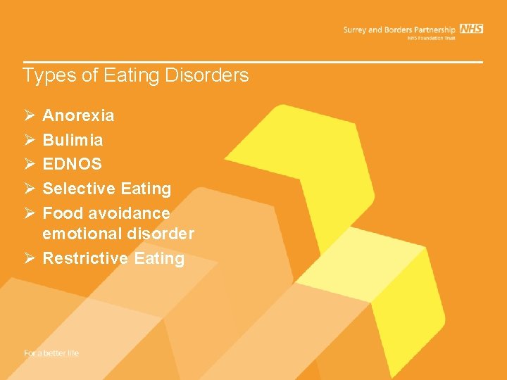 Types of Eating Disorders Ø Ø Ø Anorexia Bulimia EDNOS Selective Eating Food avoidance Types of Eating Disorders Ø Ø Ø Anorexia Bulimia EDNOS Selective Eating Food avoidance