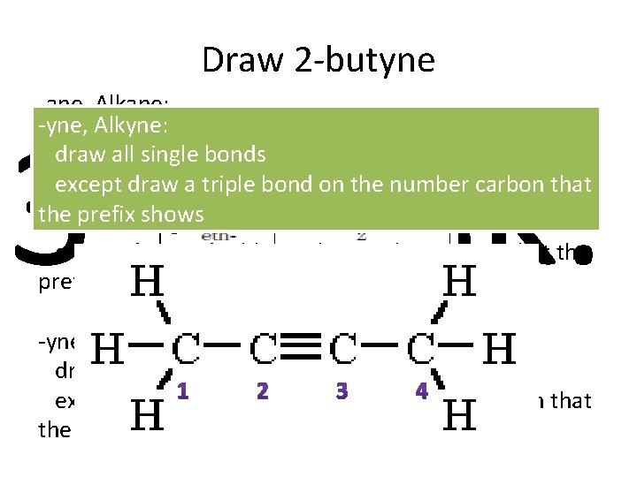 Draw 2 -butyne -ane, Alkane: -yne, Alkyne: draw all single bonds except draw a