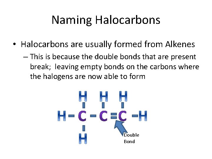 Naming Halocarbons • Halocarbons are usually formed from Alkenes – This is because the