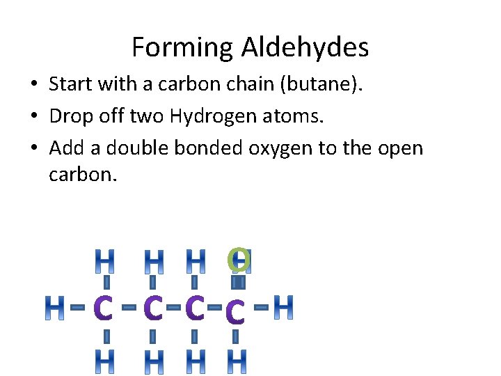 Forming Aldehydes • Start with a carbon chain (butane). • Drop off two Hydrogen
