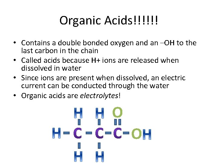 Organic Acids!!!!!! • Contains a double bonded oxygen and an –OH to the last