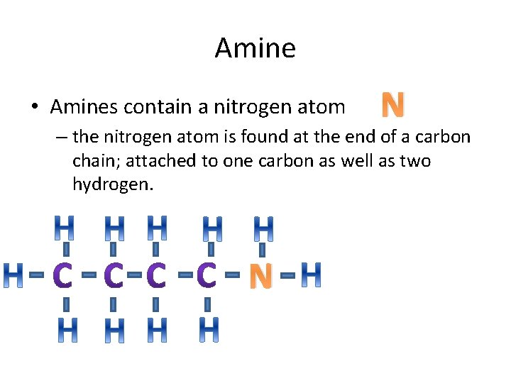 Amine • Amines contain a nitrogen atom N – the nitrogen atom is found